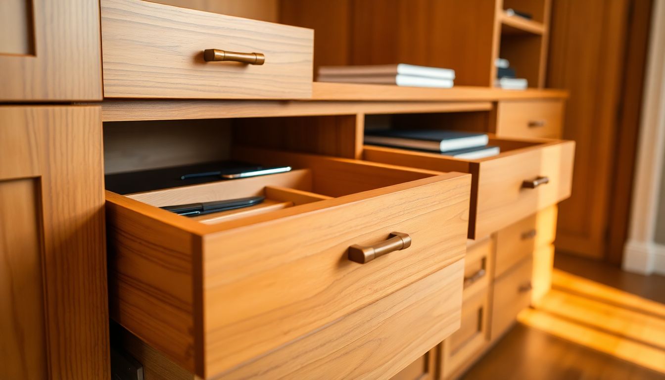 Detailed close-up of open custom cabinet drawers in a warm-toned Houston home office, revealing organized internal compartments with dividers, showcasing custom cabinetry Houston craftsmanship and tidy functionality.