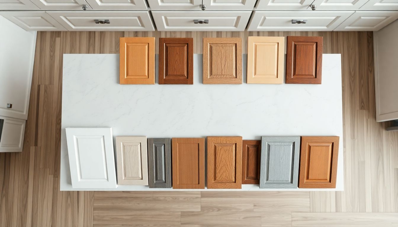 Overhead view of an empty kitchen island showcasing various cabinet door samples in different styles, aiding in choosing cabinet style for custom kitchen cabinets, with neutral tones and soft lighting.