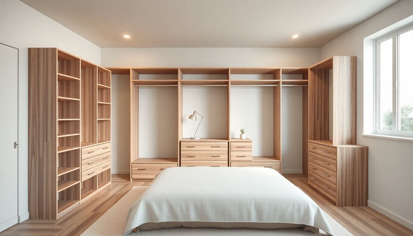Wide-angle view of an empty ready-to-assemble closets system with adjustable shelves, hanging rods, and drawer units in a neutral-toned bedroom, perfect for custom closet upgrades and affordable closet solutions.