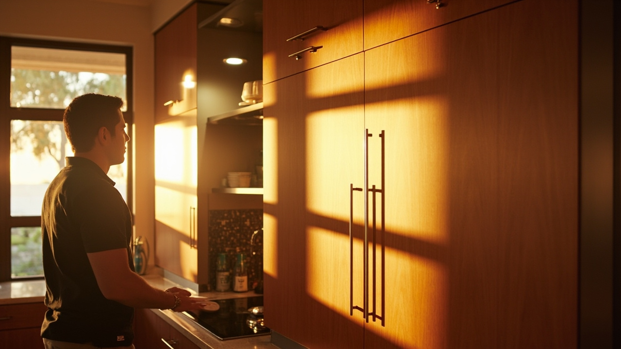 A satisfied homeowner in Houston admires their newly installed custom cabinets from Evita Cabinets, with sunlight streaming through large windows.