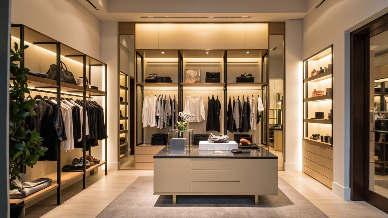 A chic retail space in Houston showcasing merchandise using RTA closets, featuring custom cabinets and modern lighting.