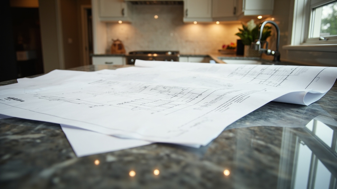 Architectural plans and permit paperwork for kitchen remodel laid out on a kitchen countertop, illustrating factors affecting kitchen remodel including permit considerations.