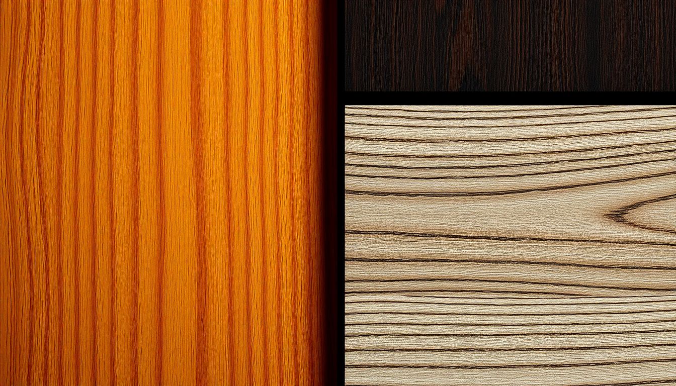 Macro close-up of cabinet door textures side by side, showing natural wood grain and smooth laminate surfaces for custom kitchen cabinets, highlighting material differences in various cabinet styles under studio lighting.