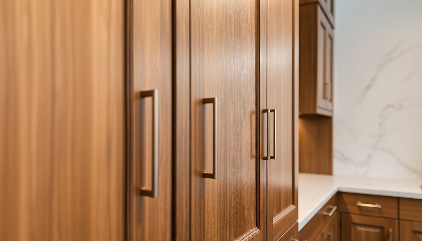 Close-up view of custom cabinetry in a luxury kitchen, featuring textured wood doors with subtle grain patterns and integrated handles on a marble countertop, showcasing Houston custom cabinets with precise joinery and soft lighting.