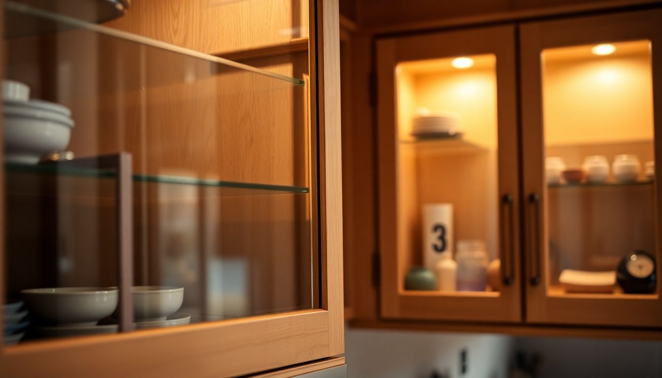 Close-up view of custom kitchen cabinets featuring wooden frames and transparent glass doors, showcasing popular cabinet styles and design trends with internal shelves, subtle reflections, and warm evening light in a softly lit kitchen.